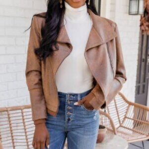 Pink Lily Cropped Brown Faux Leather Moto Jacket